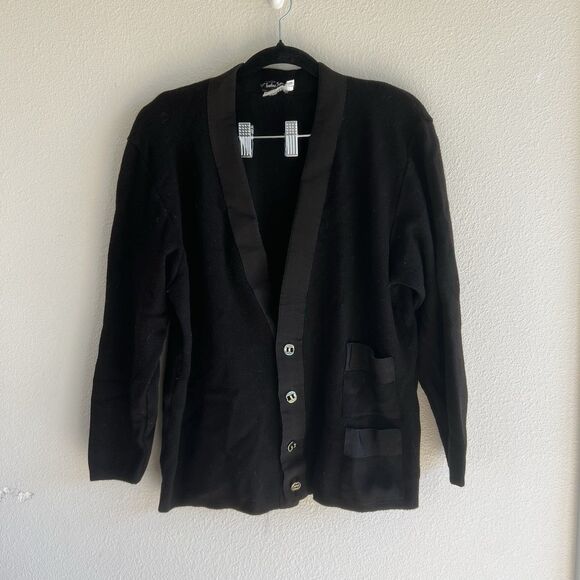 VTG Salvatore Ferragamo Women's Cardigan Wool Sweater LARGE Black Made in Italy - Picture 1 of 5